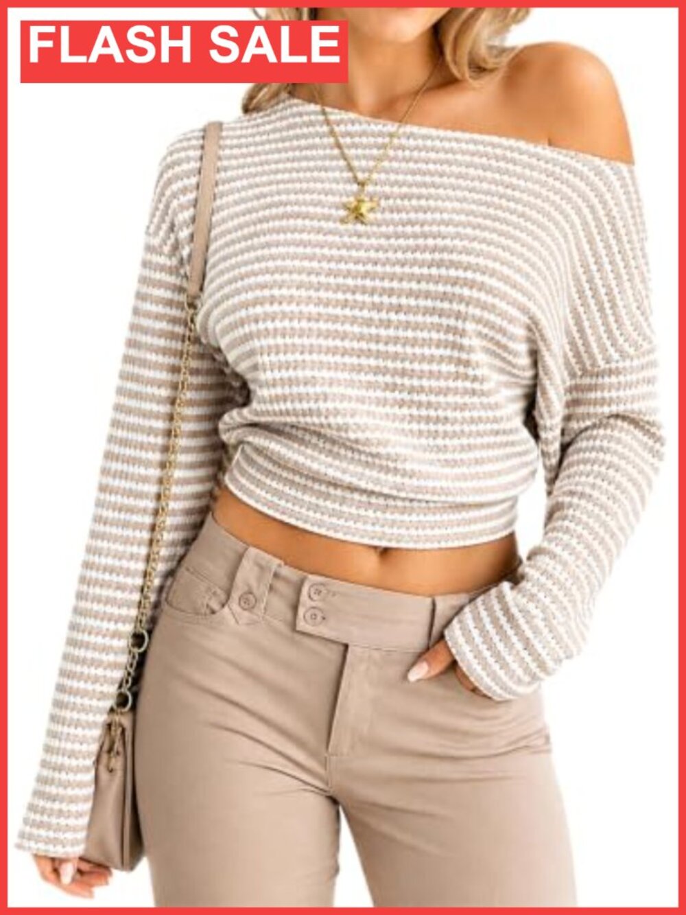 Off Shoulder Striped Long Sleeve Cinched Waist Knit Crop Top